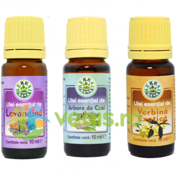 Pachet Uleiuri Esentiale de Aromoterapie: Ulei de Lavandina (Lavanda) 10ml + Ulei de Tea Tree (Arbore de Ceai) 10ml + Ulei de Verbina Exotica 10ml