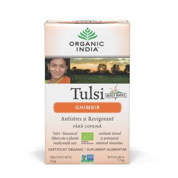 Ceai Tulsi cu Ghimbir - Antistres Natural si Revigorant 18pl - ORGANIC INDIA