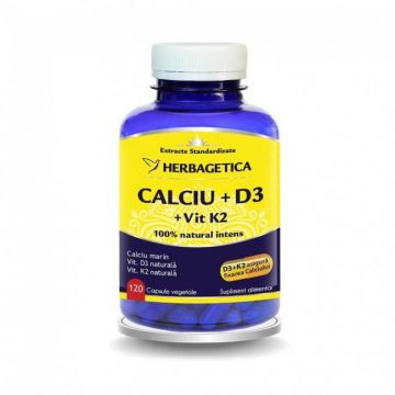 CALCIU + D3 + VITAMINA K2, Herbagetica 120 capsule