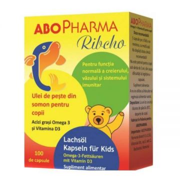 Ribcho ulei de Peste din Somon si Vitamina D3 pentru Copii, 100cps - ABO Pharma Ribcho ulei de Peste din Somon si Vitamina D3 pentru Copii, 100cps - ABO Pharma