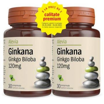 Pachet 1+1 gratis, Ginkana Ginkgo Biloba 120mg, 30+30cpr, Alevia