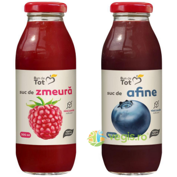 Pachet Suc de Zmeura fara Zahar Adaugat 300ml + Suc de Afine fara Zahar Adaugat 300ml