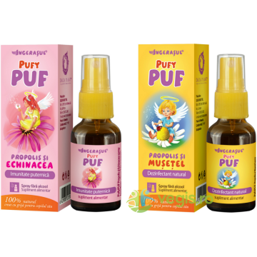Pachet pentru Copii Pufy Puf: Propolis si Echinacea Spray fara Alcool 20ml + Propolis si Musetel Spray fara Alcool 20ml