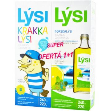 Super oferta 1+1 Ulei de ficat de cod pentru copii 240 ml + Ulei de ficat de cod cu aroma de lamaie si menta 240 ml Lysi Super oferta 1+1 Ulei de ficat de cod pentru copii 240 ml + Ulei de ficat de cod cu aroma de lamaie si menta 240 ml Lysi
