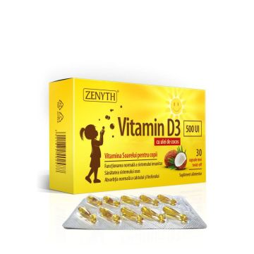 Vitamina D3 500UI - pentru copii - cu ulei de cocos MCT, 30 capsule moi twist-off, Zenyth