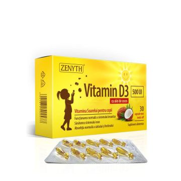 Vitamina D3 500UI - pentru copii - cu ulei de cocos MCT, 30 capsule moi twist-off, Zenyth Vitamina D3 500UI - pentru copii - cu ulei de cocos MCT, 30 capsule moi twist-off, Zenyth