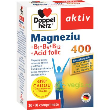 Magneziu 400 cu Vitaminele B1, B6, B12 si Acid Folic Aktiv 30tb+10tb