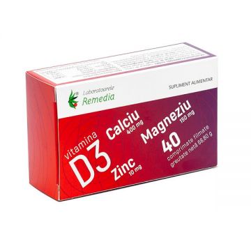 Ca + Mg + Zn + Vitamina D3, 40 comprimate, Remedia