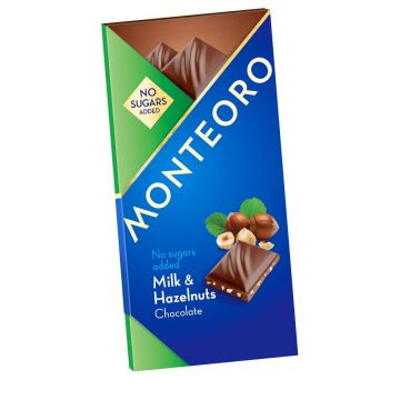 Ciocolata cu lapte si alune fara zahar adaugat Monteoro, 90 g, Sly Nutritia