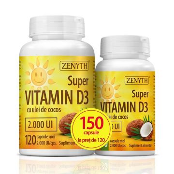 Pachet Super Vitamina D3 cu ulei de cocos 2000UI, 120 + 30 capsule, Zenyth