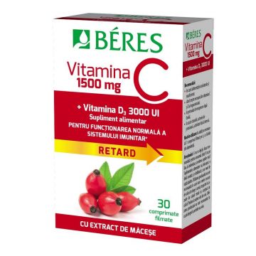 Vitamina C 1500 mg comprimat filmat RETARD + Vitamina D3 3000 UI, 30 comprimate, Beres
