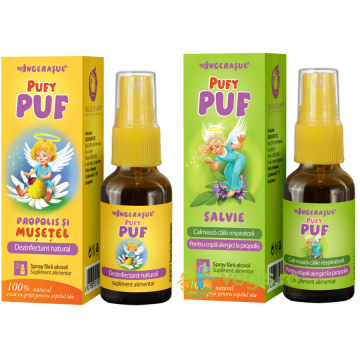 Pachet pentru Copii Pufy Puf: Propolis si Musetel Spray fara Alcool 20ml + Salvie Spray fara Alcool 20ml