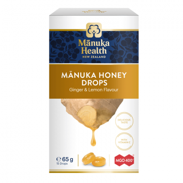 Bomboane cu miere de Manuka MGO 400+ si aromă naturală de ghimbir și lămaie, 65 g, Manuka Health