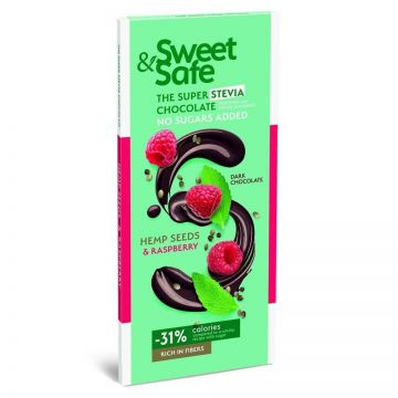 Ciocolata amaruie cu seminte de canepa si zmeura Sweet & Safe, 90 g, Sly Nutritia