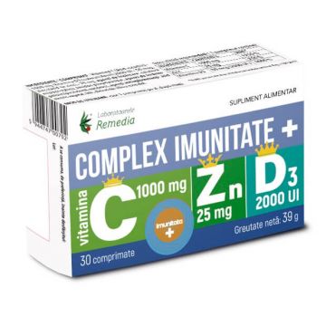 Complex imunitate + Vitamina C 1000 mg + Zinc 25 mg + Vitamina D3 2000 UI, 30 comprimate, Remedia