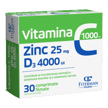 Vitamina C 1000 mg + Zn 25 mg + D3 4000UI, 30 comprimate filmate, Fiterman