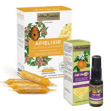 Pachet Apielixir imunitate si stare de bine, 20 fiole x 10 ml + Spray de gat cu propolis ApiJunior, 20 ml, Albina Carpatina