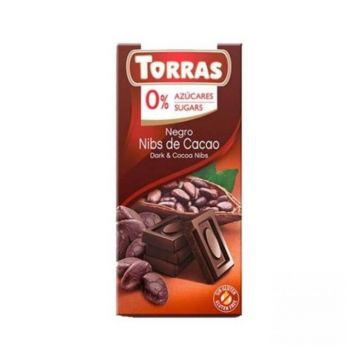 Ciocolata neagra cu bucatele de cacao fara zahar si fara gluten 75g