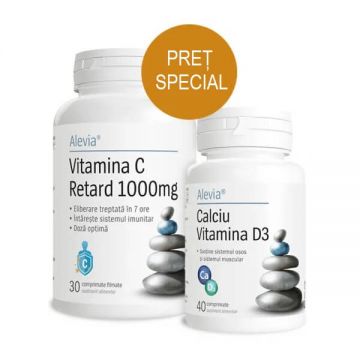 Calciu cu vitamina D3 + Vitamina C Retard 1000 mg, 40 + 30 comprimate, Alevia