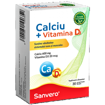 Calciu + Vitamina D3 - 30 Comprimate Filmate, Sanvero
