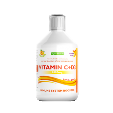 Vitamina C Lichidă 1000 Mg + Vitamina D3 + Zinc – Produs Vegan, Culoare și Aromă 100% Naturală, 500 ml | Swedish Nutra