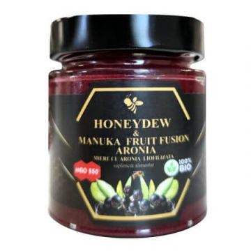 Miere bio cu aronia liofilizata Honeydew & Manuka Fruit Fuzion MGO 500, 200 g, Alcos Bioprod