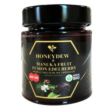 Miere bio cu fructe de soc liofilizate Honeydew & Manuka Fruit Fuzion MGO 500, 200 g, Alcos Bioprod