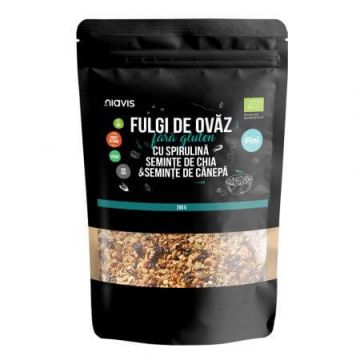 Fulgi de ovaz fini cu spirulina, chia si seminte de canepa eco, 200 g, Niavis