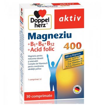 Magneziu plus B1, B6, B12 si Acid folic DoppelHerz 30 tablete (TIP PRODUS: Suplimente alimentare, Concentratie: 400 mg)