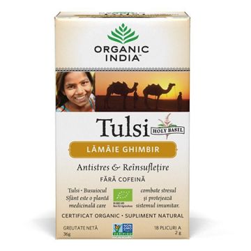 Ceai Tulsi (Busuioc Sfant) cu Lamaie si Ghimbir Antistres Natural & Reinsufletire, plicuri Organic India