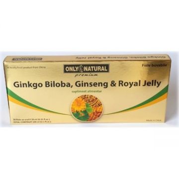 Ginkgo Biloba, Ginseng & Royal Jelly Only Natural (Ambalaj: 10 fiole)