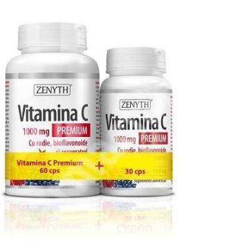 PACHET Vitamina C Premium cu rodie, bioflavonoide si resveratrol 1000 mg, 60+30 capsule, Zenyth