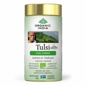 Tulsi (Busuioc Sfant) Ceai verde Antistres Natural & Vitalizant, Cutie 100 gr Organic India
