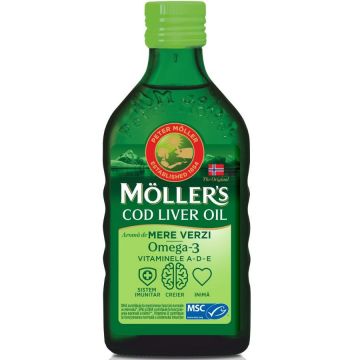 Ulei din ficat de cod Omega 3 Vitamina A-D-E, aroma mere verzi, 250 ml, Mollers
