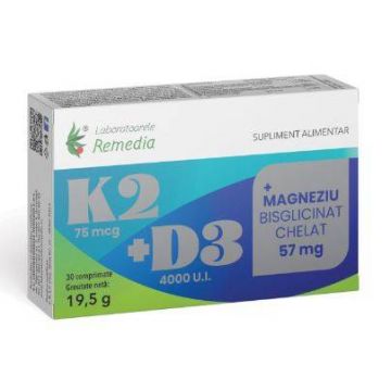 K2 + D3 + MAGNEZIU BISGLICINAT CHELAT 30 Capsule - REMEDIA