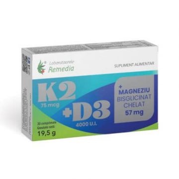 K2+D3+Magneziu bisglicinat chelat, 57 mg, 30 comprimate, Remedia