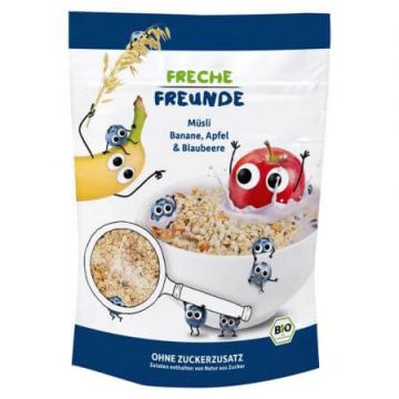 Musli Bio cu banane, mere si afine, 220 g, Freche Freunde Musli Bio cu banane, mere si afine, 220 g, Freche Freunde