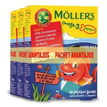 Pachet Pestisori gumati cu Omega-3 aroma de lamaie verde si capsuni, 3 x 36 jeleuri, Moller's