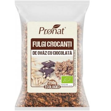 Fulgi crocanti Bio de ovaz cu ciocolata, 250 g, Pronat