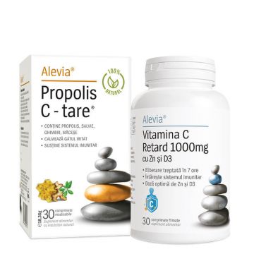 Propolis C Tare 100% Natural 30 comprimate + Vitamina C 1000 mg Retard cu Zn si D3 30 comprimate, Alevia