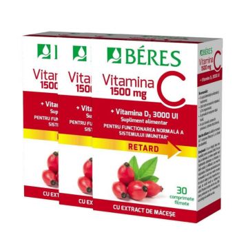 Vitamina C 1500 mg + Vitamina D3 3000 UI, 3x30 comprimate, Beres
