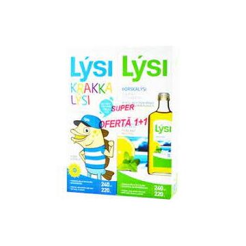 Ulei din Ficat de Cod pentru Copii 240ml + Ulei din Ficat de Cod cu Aroma de Menta si Lamaie 240ml LYSI