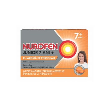 Nurofen Junior 7ani+ 100mg capsule moi masticabile aroma de portocale 12cpr 24 comprimate Nurofen Junior 7ani+ 100mg capsule moi masticabile aroma de portocale 12cpr 24 comprimate